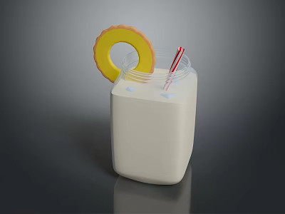 Clear Glass Cup With Milk Red And White Striped Straw And Yellow Ring Shaped Cookie 3d model