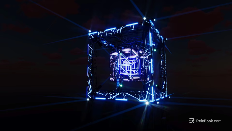 Metal Frame Structure With Blue Lighting And Light Effects On Dark Background 3d model 