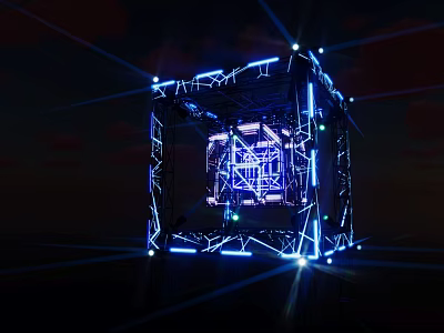 Metal Frame Structure With Blue Lighting And Light Effects On Dark Background 3d model