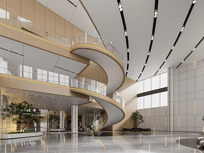 Modern Front Desk Reception Lobby With Spiral Staircase Large Windows And Marble Flooring 3d model