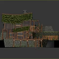 Cartoon Scene with Wooden House Green Roof Stone Wall Water Area and Wooden Bridge