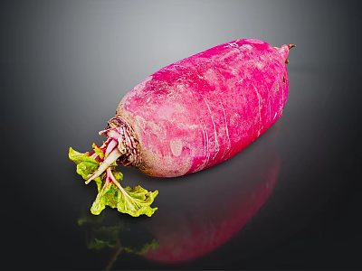 Vibrant Fresh Red Radish with Crisp Green Leaves on Reflective Black Studio Surface 3d model
