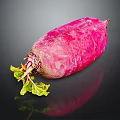 Vibrant Fresh Red Radish with Crisp Green Leaves on Reflective Black Studio Surface