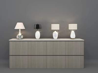 Four Modern Table Lamps on Wooden Cabinet with Drawers and White Black Shades 3d model