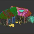 Traditional Log Cabin With Thatched Roof Blue Door Wooden Ladder And Green Plants