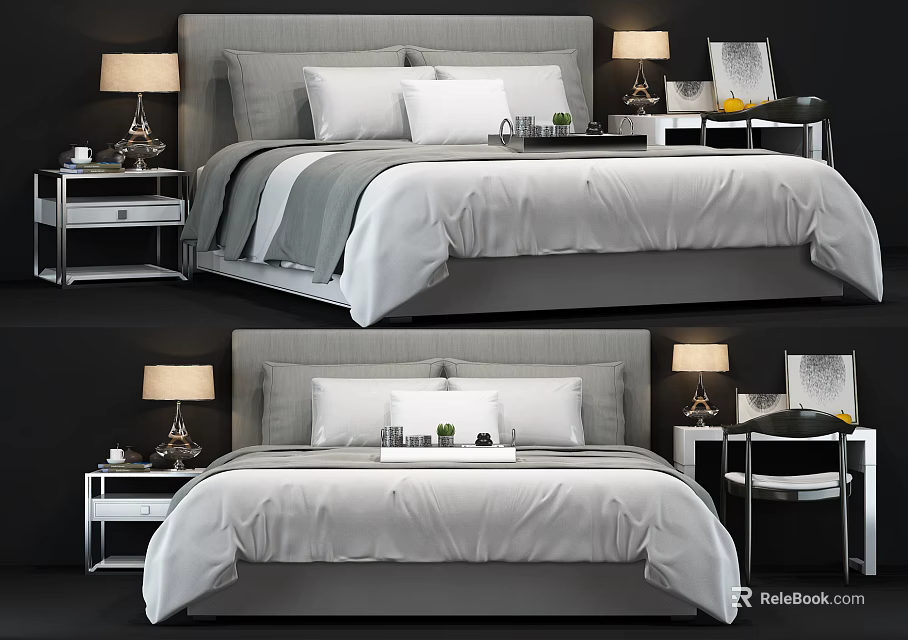 Modern Double Bed With Bedside Tables Table Lamps And White Bedding 3d model