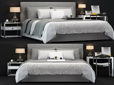 Modern Double Bed With Bedside Tables Table Lamps And White Bedding 3d model