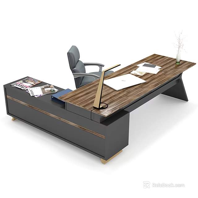 Modern Office Desk With Wooden Top Black Drawers Office Chair Documents Desk Lamp And Vase 3d model 