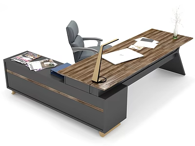 Modern Office Desk With Wooden Top Black Drawers Office Chair Documents Desk Lamp And Vase 3d model