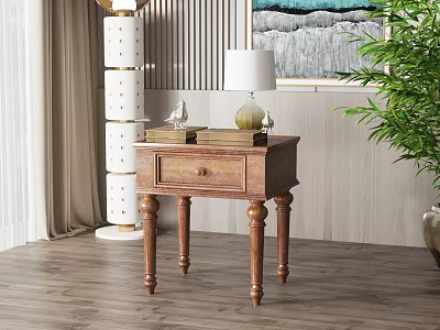 Wooden Bedside Table With Drawer Lamp Books And Decorative Items In Modern Bedroom 3d model