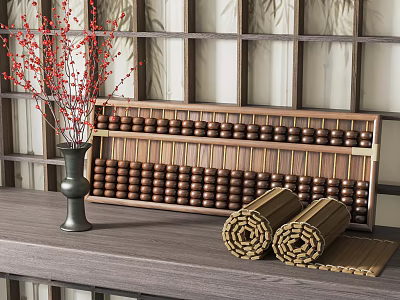 Wooden Abacus Green Vase with Red Flowers Rolled Bamboo Mats and Wooden Lattice Screen 3d model