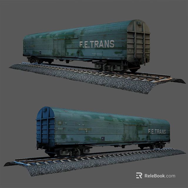 FE.TRANS Green Freight Car Display On Rail Track With Different Angles 3d model