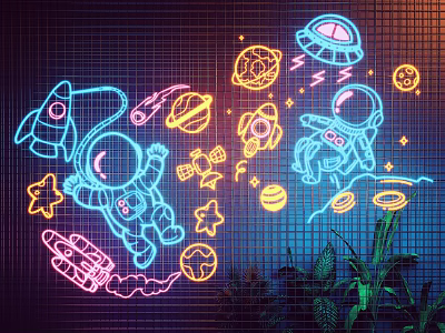 Decorative Neon Style Lights with Astronauts Rockets Planets Stars UFO Grid Background and Green Plants 3d model