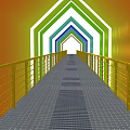 Modern Landscape Bridge With Colorful Geometric Structure Yellow Railings And Gray Mesh Deck