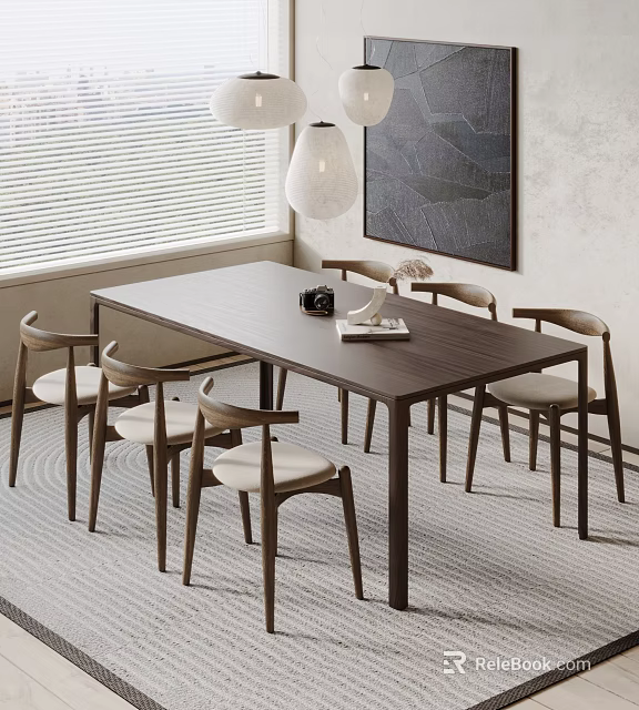 Dark Wood Dining Table Set With Six Light Upholstered Chairs Window Blinds And Lamp 3d model 