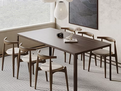 Dark Wood Dining Table Set With Six Light Upholstered Chairs Window Blinds And Lamp 3d model