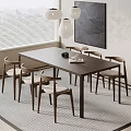 Dark Wood Dining Table Set With Six Light Upholstered Chairs Window Blinds And Lamp