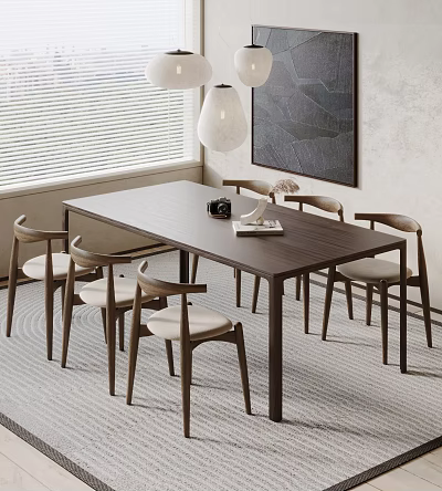 Dark Wood Dining Table Set With Six Light Upholstered Chairs Window Blinds And Lamp 3d model