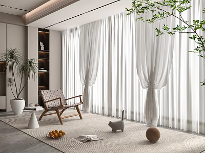 White Curtains in Modern Living Room With Wooden Chair Green Plants and Decorative Items 3d model