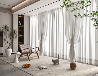 Dream curtain window screen leisure sofa side a few green plants 3d model