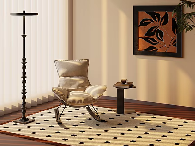 Light Colored Armchair With Floor Lamp Small Table Checkered Rug And Decorative Painting 3d model