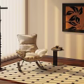 Light Colored Armchair With Floor Lamp Small Table Checkered Rug And Decorative Painting