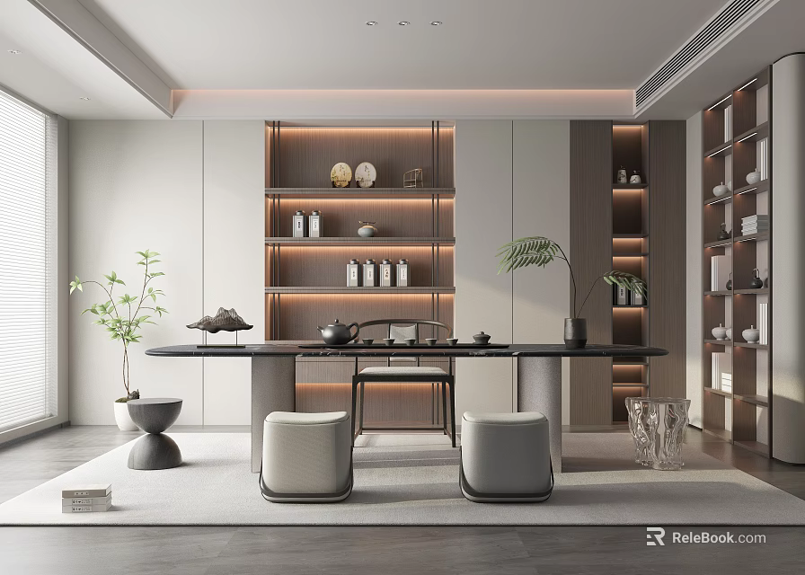 Elegant Modern Tea Room Interior With Wooden Tea Table Cushioned Stools And Shelves 3d model 