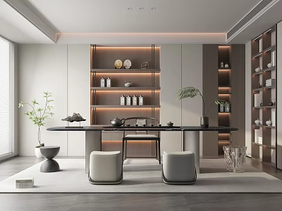 Elegant Modern Tea Room Interior With Wooden Tea Table Cushioned Stools And Shelves 3d model