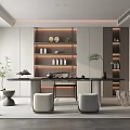 Elegant Modern Tea Room Interior With Wooden Tea Table Cushioned Stools And Shelves