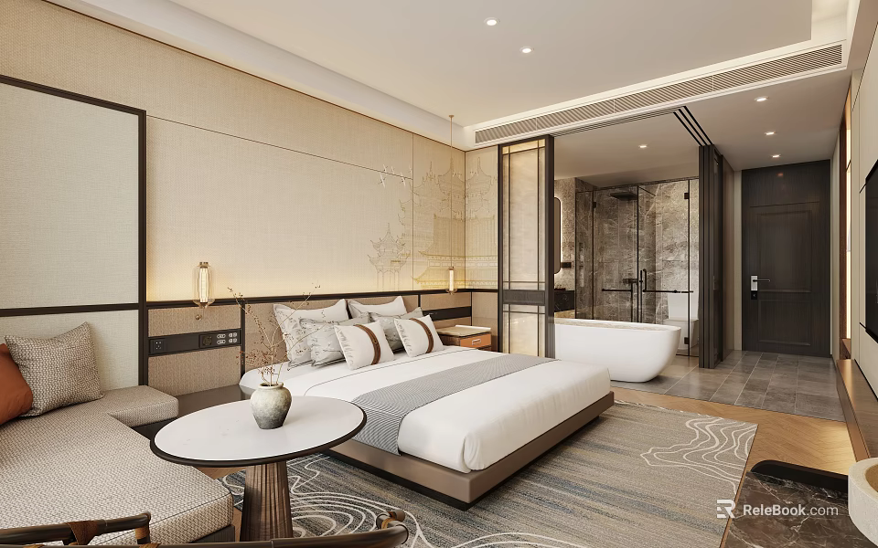 Elegant Modern Hotel Room With Large Bed Nightstand And Open Bathroom Bathtub 3d model 