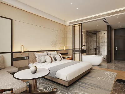 Elegant Modern Hotel Room With Large Bed Nightstand And Open Bathroom Bathtub 3d model