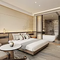 Elegant Modern Hotel Room With Large Bed Nightstand And Open Bathroom Bathtub
