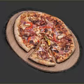 Sliced Pizza Topped With Ham Red Pepper Onion And Cheese On Wooden Board