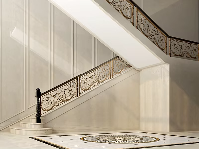 Elegant Staircase With Ornate Iron Railings White Walls Marble Steps And Circular Floor Design 3d model