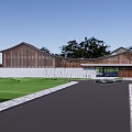 Modern Sales Office Building With Unique Roof Design Waterfront Location Green Lawn And Circular Driveway