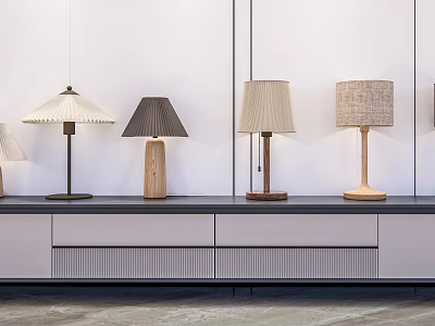Modern Table Lamps With Wooden Metal Bases And Fabric Shades On Gray Cabinet White Wall 3d model