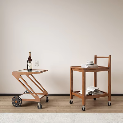 Modern Wooden Side Table With Wheels Tray Wine Bottle Glass And Books 3d model
