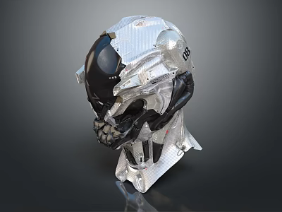 Futuristic Mechanical Style Helmet With Silver And Black Metallic Detailed Design 3d model