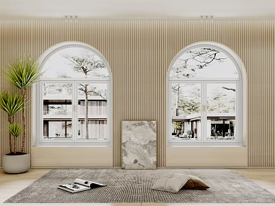 Arched Windows Interior Scene With Trees Buildings Indoor Plants Rug Pillows Magazines And Painting 3d model