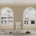 Arched Windows Interior Scene With Trees Buildings Indoor Plants Rug Pillows Magazines And Painting