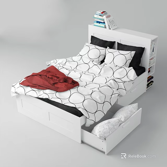 White Double Bed With Circular Pattern Bedding Red Blanket And Storage Drawers 3d model