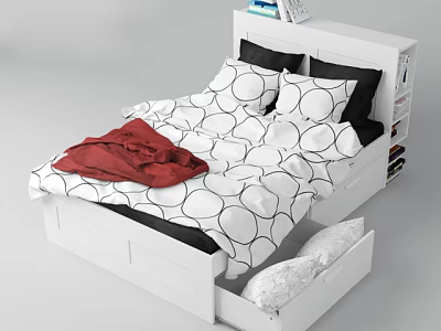 White Double Bed With Circular Pattern Bedding Red Blanket And Storage Drawers 3d model