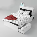 White Double Bed With Circular Pattern Bedding Red Blanket And Storage Drawers 3d model