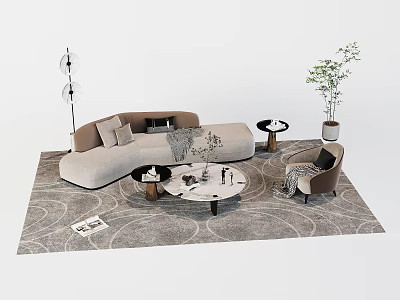 Stylish Curved Sofa And Coffee Table Set With Area Rug Armchair Floor Lamp And Potted Plant 3d model