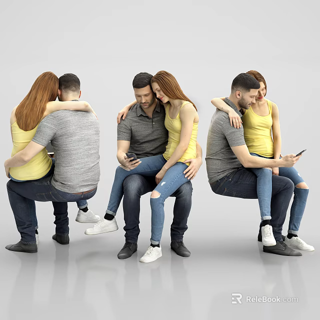 Young Man Sitting With Woman In Intimate Embrace Using Mobile Phone 3d model 