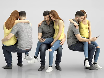 Young Man Sitting With Woman In Intimate Embrace Using Mobile Phone 3d model