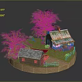 Cartoon Scene With Small Wooden House Red Roof Green Trees And Grassy Area