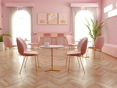 Pink Restaurant Interior With Arched Windows Round Table Chairs Wooden Floor Plant And Decorative Paintings 3d model