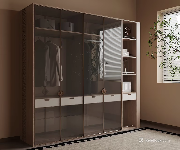 Modern Wardrobe Interior Design With Glass Doors Drawers Shelves And Hanging Clothes 3d model 