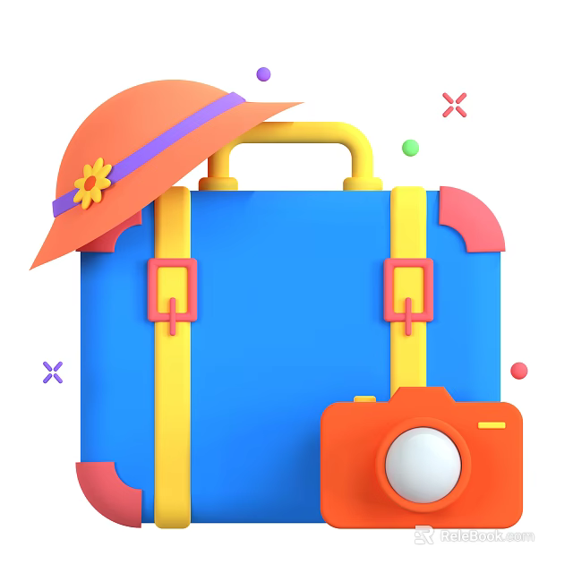 Colorful Travel Items Blue Suitcase Yellow Straps Orange Camera Hat With Purple Flower 3d model 